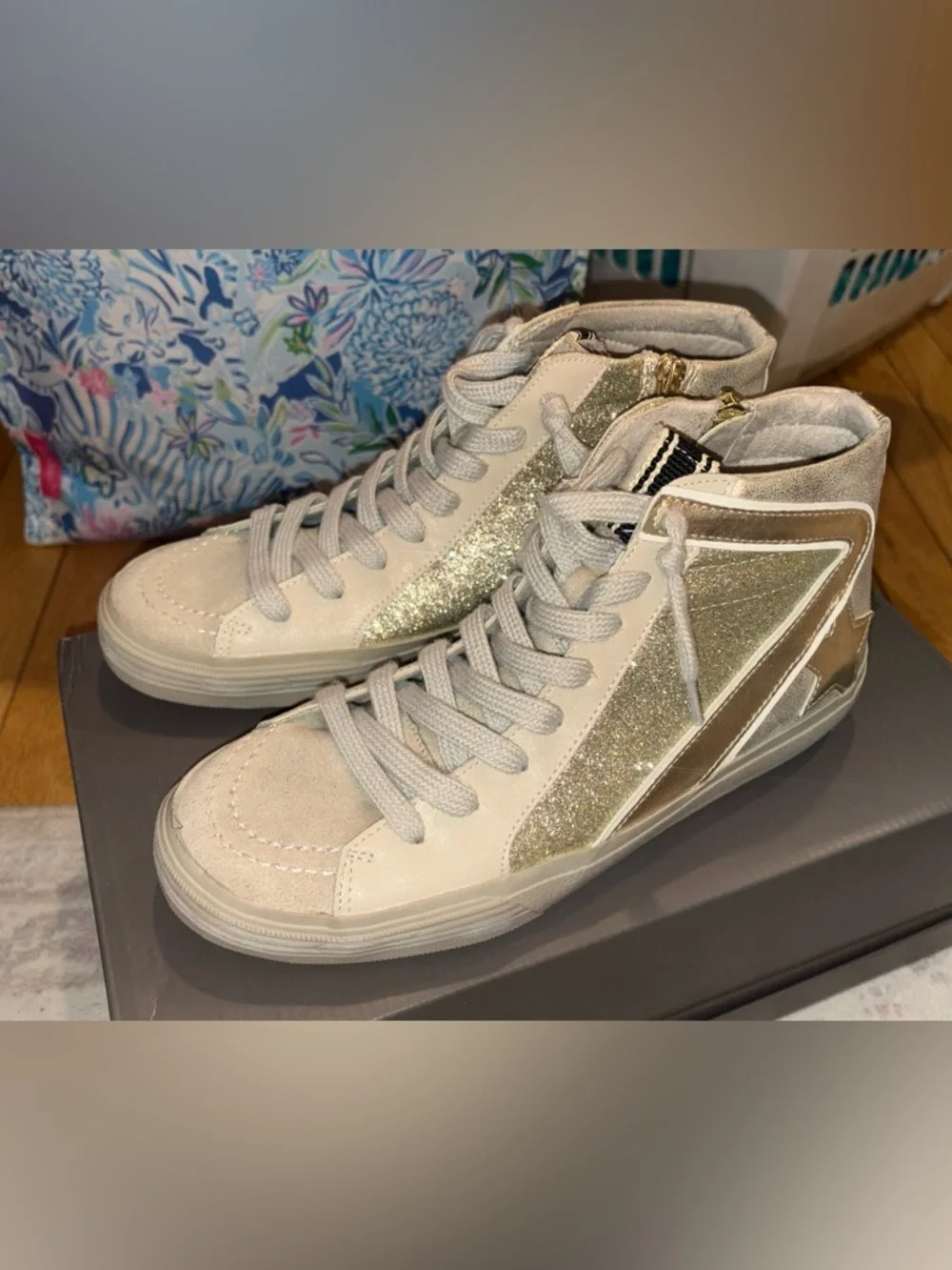 NWT Shu Shop Roxanne Gold Distressed Sneaker Size 8
